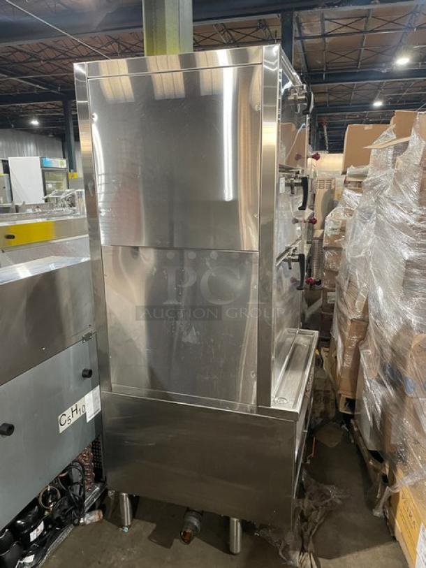 Flame-Mate ESC3NN stainless steel 3-compartment steam cabinet, natural gas powered, on legs, commercial use, auction item.