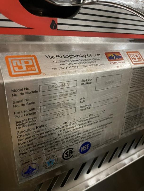 Flame-Mate ESC3NN stainless steel steam cabinet, model ESC-3N-N, natural gas, 3 compartments, on legs, serial EC030ENFS00066660AB.