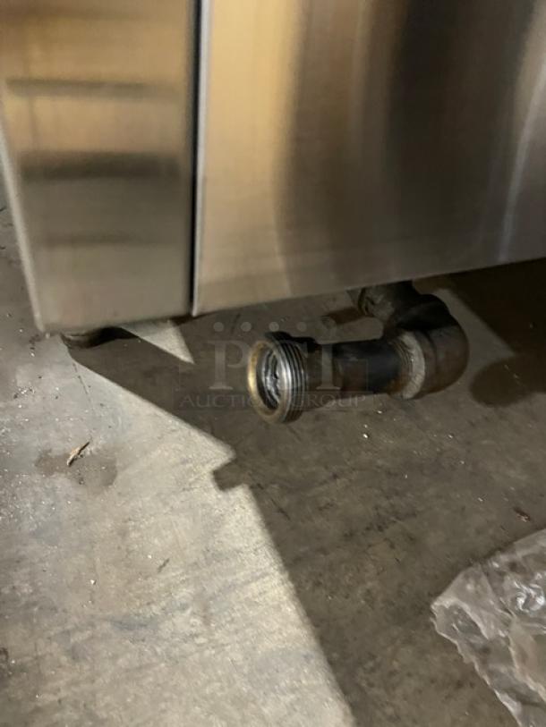 Flame-Mate ESC3NN stainless steel steam cabinet, natural gas, 3 compartments, on legs, connector detail shown.