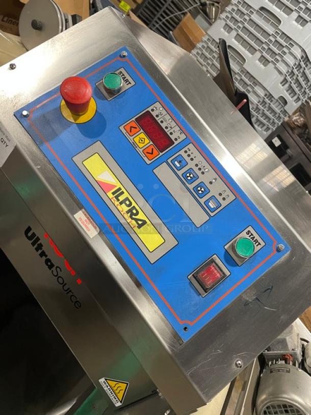 Ilpra Koch UltraSource 400VG stainless steel vacuum tray sealer, semi-automatic, electric, 220V, model FP7597, on legs.