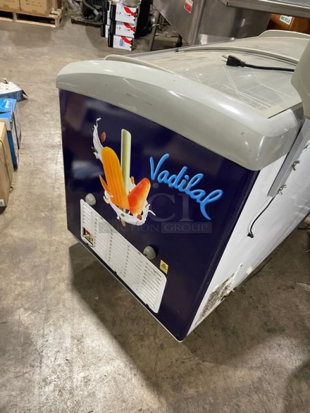 Excelente 2018 CF-289 merchandiser chest freezer, curved double sliding glass top, poly-coated wire baskets, on casters.