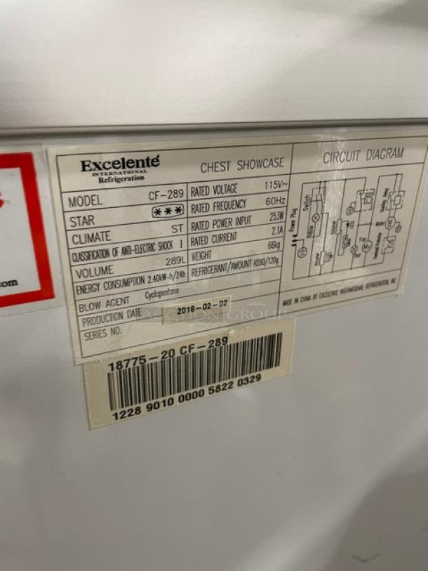 Excelente CF-289 chest freezer label, 2018 model. Features 115V, sliding glass top, and wire baskets. Serial: 18775-20CF-289.