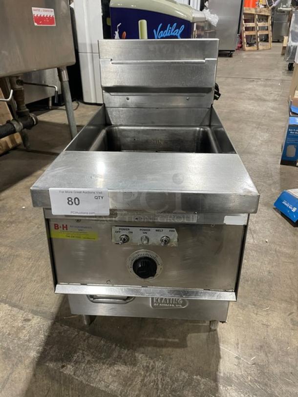 Keating commercial stainless steel electric countertop fryer, model 14CMBB, with thermostatic control, backsplash, and basket hanger.
