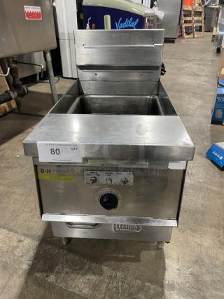 Keating commercial stainless steel electric countertop fryer, model 14CMBB, with thermostatic control, backsplash, and basket hanger.