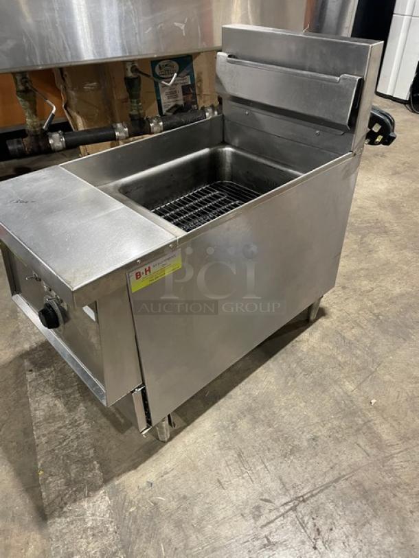 Keating 14CMBB stainless steel electric countertop fryer with thermostatic control, backsplash, basket hanger, and legs.