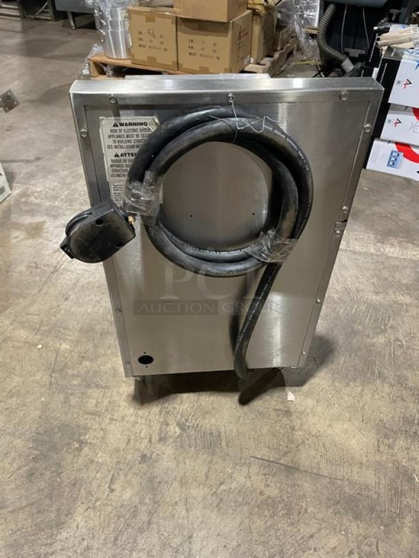 Keating Commercial Stainless Steel Electric Fryer, Model 14CMBB, with plug and warning label shown, on legs.