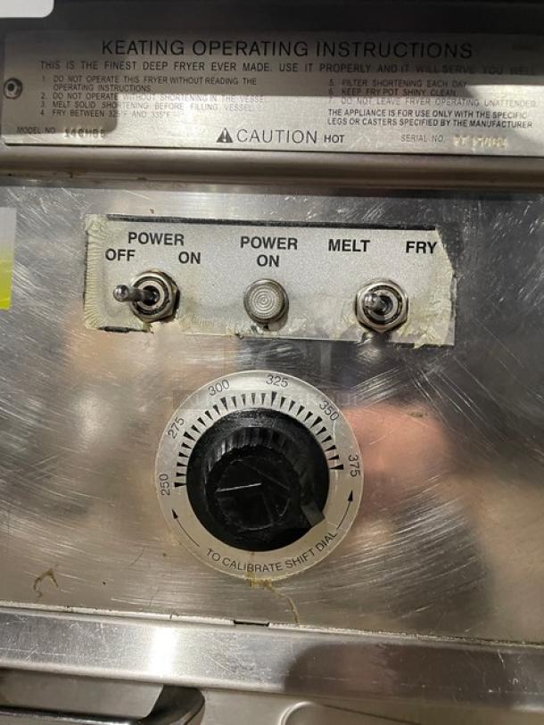 Keating 14CMBB Commercial Fryer, stainless steel, electric, thermostatic control, backsplash, basket hanger, SN: FE36461.