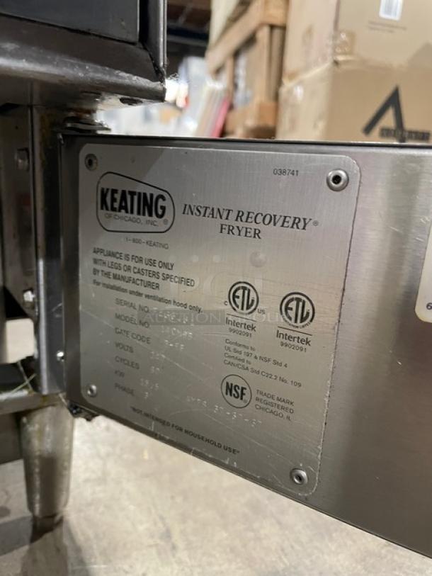 Keating 14CMBB commercial stainless steel electric fryer with thermostatic control, backsplash, and basket hanger. Model SN: FE36461. 208-240V 3 Phase.