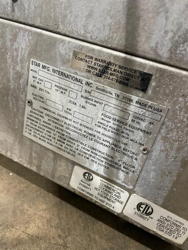 Star Max Series VBG30 commercial stainless steel vertical gyro broiler, natural gas, 120V 1 phase, model VBG30, SN: VBG300116A0007, on legs, made in USA.