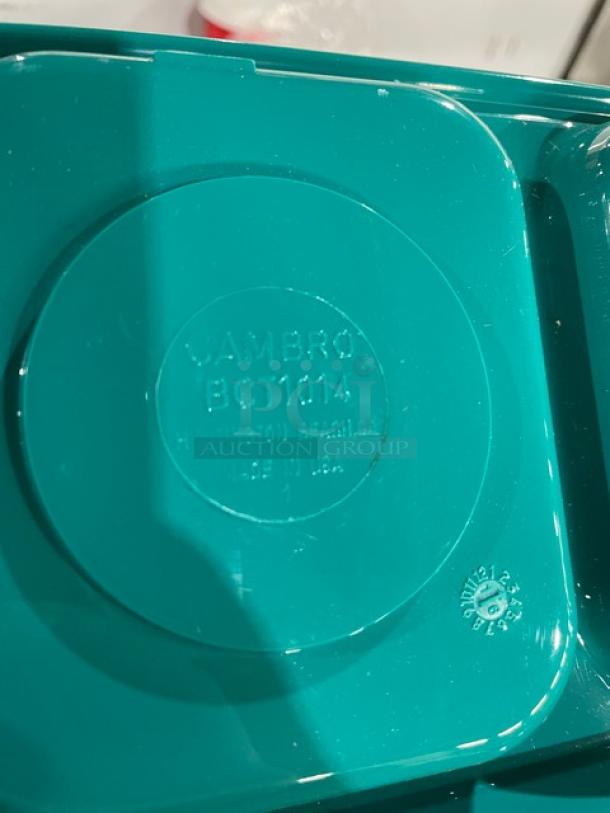 Teal Cambro serving tray, model BCT1014, with 6 compartments, 10" x 14", new condition, "Made in USA" marking visible.