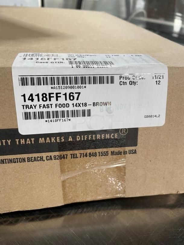 New Cambro 14"x18" brown fast food tray, model 1418FF167. Unused, in original packaging. Quantity: 12 per case.