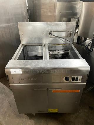 Fry Master FMP145ESC Stainless Steel 2-Bay Deep Fat Fryer, natural gas, with backsplash, basket hanger, on casters.