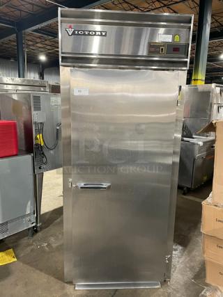 Victory Commercial Stainless Steel Single Door Roll-In Refrigerator, Model RIS-1D-S7-PT, in good condition.