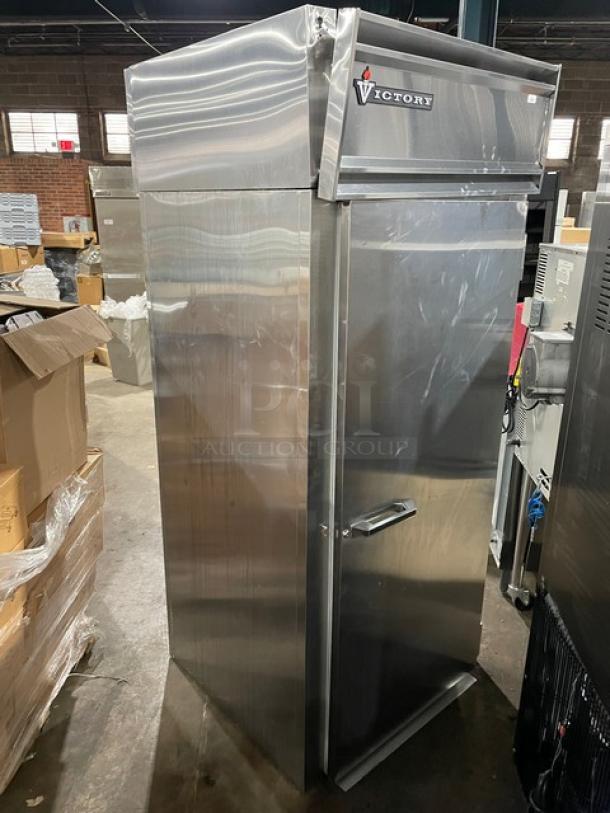 Victory stainless steel roll-in refrigerator, model RIS1DS7PT, in good condition. Single door, 115V, 1 Phase.