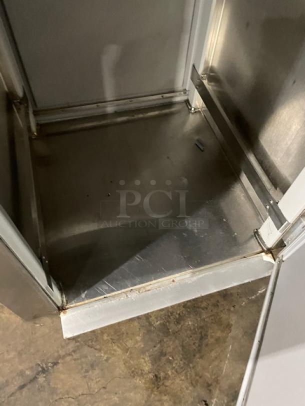 Victory Commercial Stainless Steel Roll-In Refrigerator, Model RIS-1D-S7-PT, in used condition, interior view.