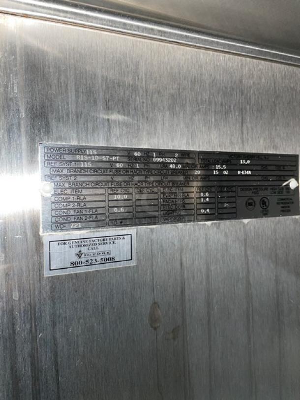 Victory Commercial Stainless Steel Roll-In Refrigerator, Model RIS1DS7PT. Serial G9943202. 115V, 1 Phase.