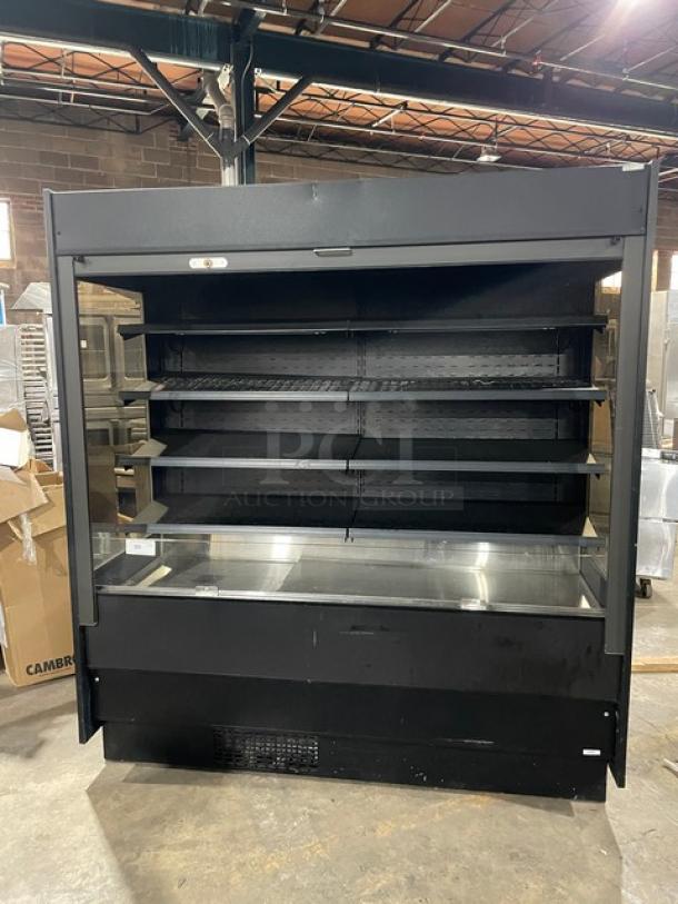 Federal Industries Model RSSM678SC5 black multi-tier refrigerated open display case with pull-down night curtain, used condition.