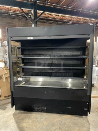 Federal Industries Model RSSM678SC5 black multi-tier refrigerated open display case with pull-down night curtain, used condition.