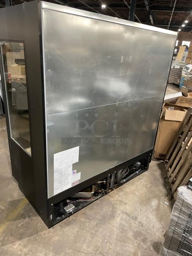 Federal Industries black multi-tier refrigerated display case, model RSSM678SC5, with pull-down night curtain, 120/208-240V.