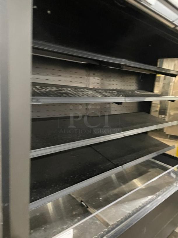 Federal Industries RSSM678SC5 refrigerated open display case, black, multi-tier, with pull-down night curtain.