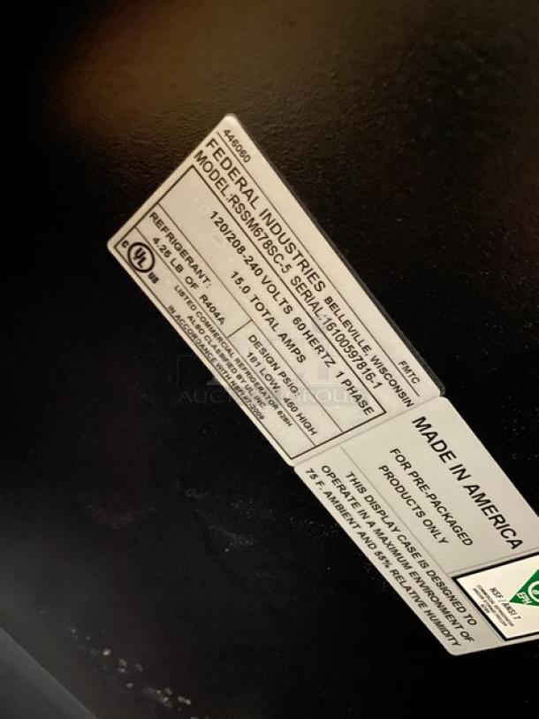 Federal Industries Model RSSM678SC5 label, 120/208-240V, 1 Phase, SN: 16100597816-1, Made in America.