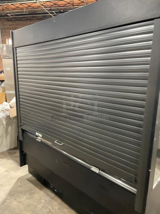 Federal Industries RSSM678SC5 refrigerated display case, black, multi-tier, with pull-down night curtain, commercial use.