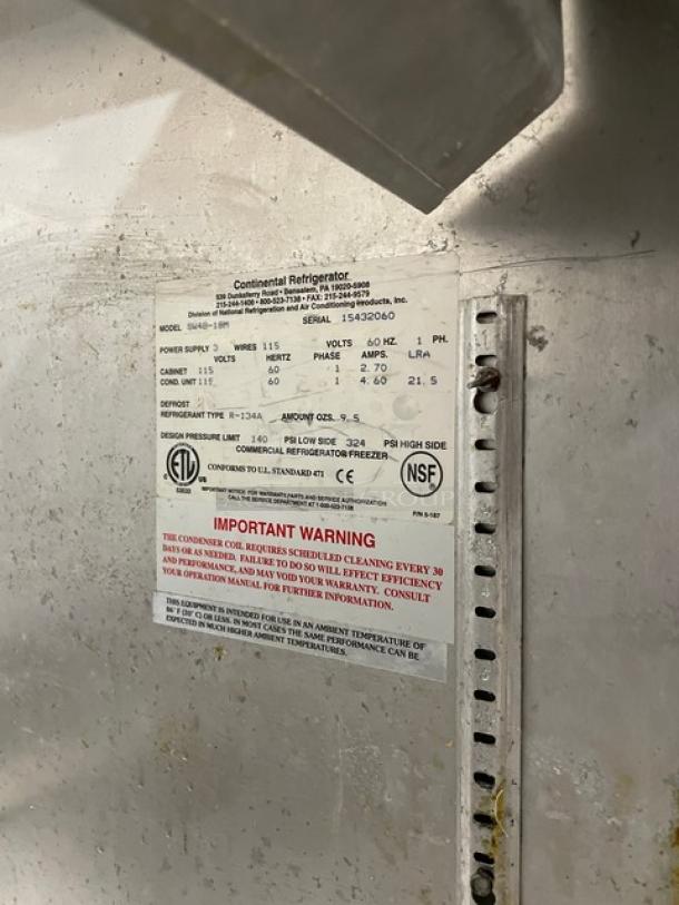 Continental SW48-18M stainless steel 2-door refrigerated prep table; label shows Model, SN: 15432060, 115V, ETL, NSF certified.