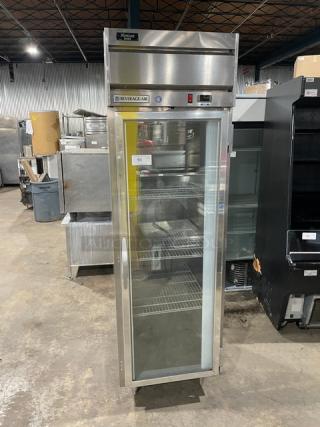 Beverage-Air stainless steel single glass door reach-in freezer, Model HFPS1-1G, with poly coated racks, on legs.