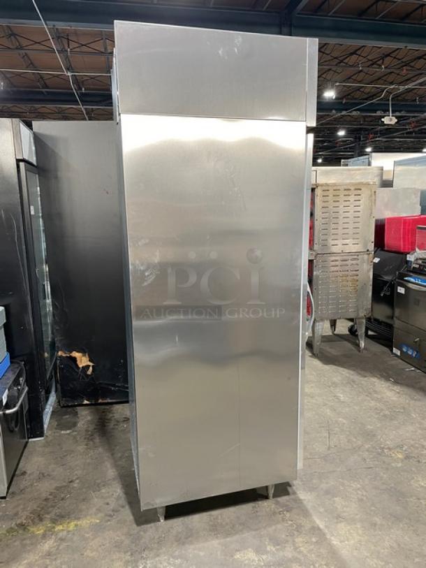 Beverage-Air HFPS11G commercial stainless steel glass door merchandiser freezer, poly coated racks, 115V, on legs.