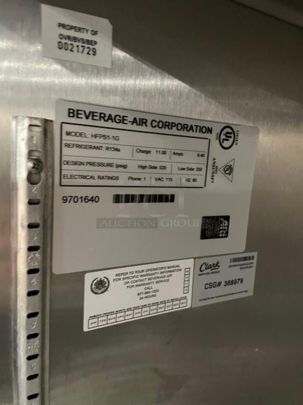 Beverage-Air HFPS1-1G freezer label, features model, serial number 9701640, 115V, 1 phase, refrigerant R134a, specs listed.