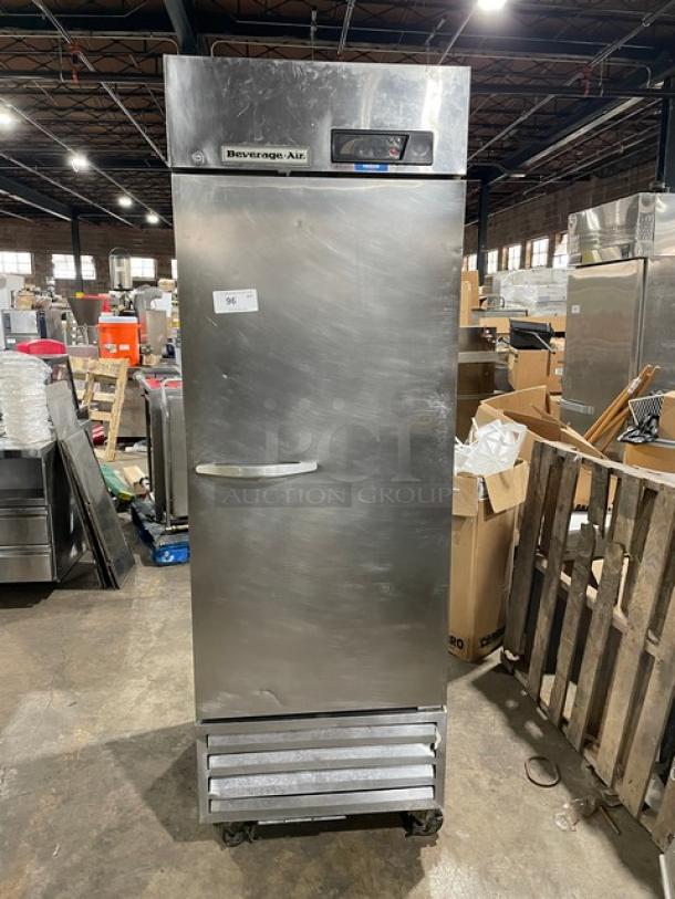 Beverage-Air stainless steel single door freezer, model KF241AS, with poly coated rack, on casters, in used condition.