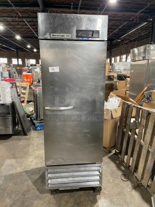 Beverage-Air stainless steel single door freezer, model KF241AS, with poly coated rack, on casters, in used condition.