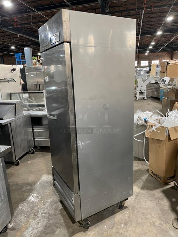 Beverage-Air stainless steel commercial freezer, Model KF241AS, single door, on casters, 115V, with poly coated rack.