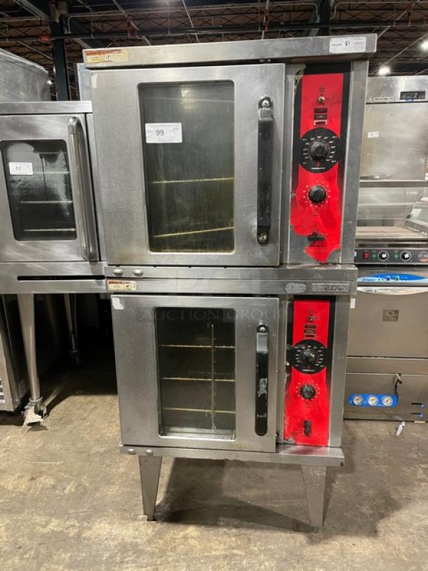 Vulcan commercial double stacked stainless steel convection oven with wired rack, red control panel, on sturdy legs.
