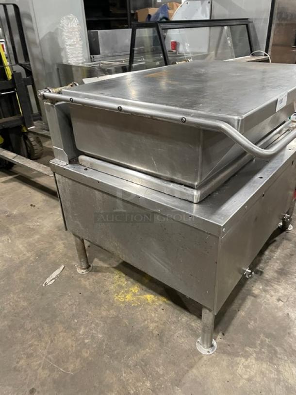 Vulcan commercial stainless steel natural gas-powered tilt skillet on legs, features ultra tilt function, in used condition.