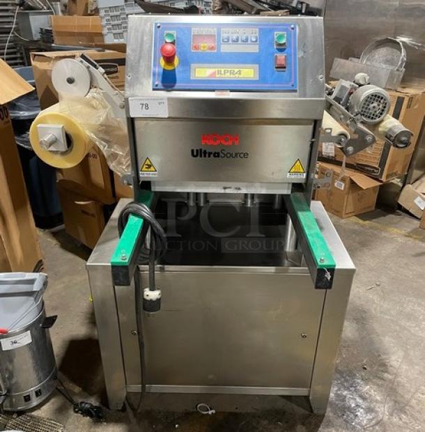 Ilpra Koch UltraSource 400VG stainless steel vacuum tray sealer, electric-powered, semi-automatic, model FP7597, on legs.