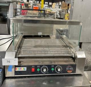 Festival Commercial Stainless Steel Electric Hot Dog Roller, Model ET-R2-11, with curved sneeze guard, 110V.