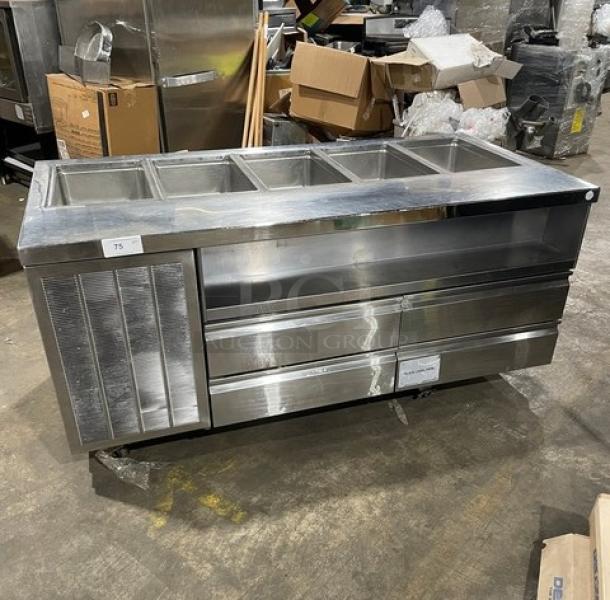 Delfield stainless steel 4-drawer refrigerated 5-well cold food bar, Model 18MC68P-EF, on casters, 115V 1 phase, with enclosed undershelf.
