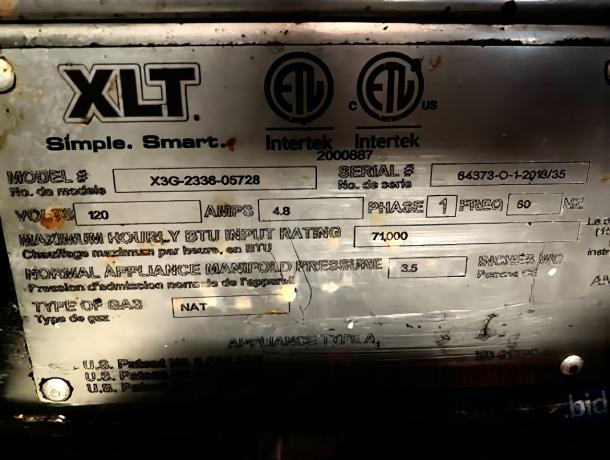 Middleby Marshall CTX DZ33T oven label, showing model, serial number, voltage, amps, and BTU rating details.