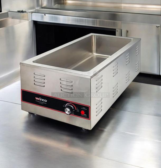 Winco FW-S500 Electric Food Warmer, superb condition, stainless steel, 120V, fully tested and working, brand label visible.