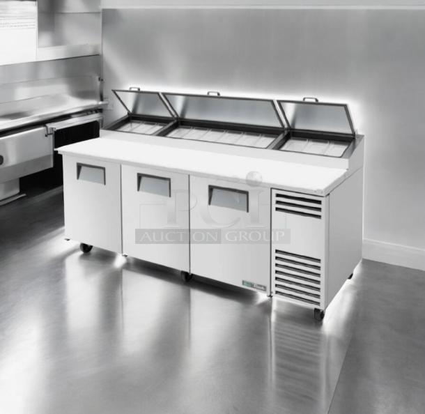 True TPP-93 refrigerated pizza prep table, 93", stainless steel, three-section, outstanding condition, 115V.