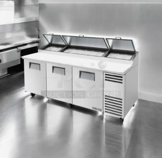 True TPP-93 refrigerated pizza prep table, 93", stainless steel, three-section, outstanding condition, 115V.