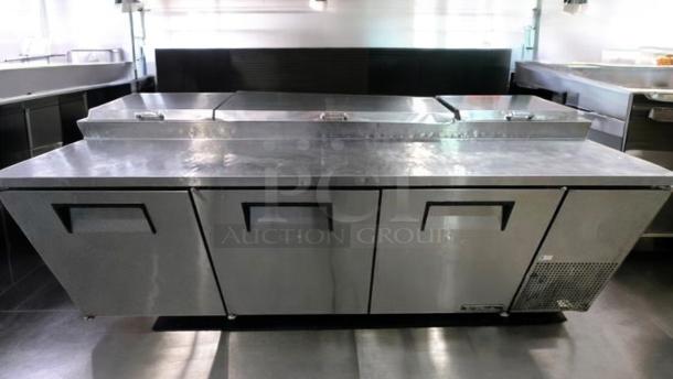 Outstanding condition True TPP-93 refrigerated pizza prep table, 93", stainless steel, fully tested, 115V, True Manufacturing.