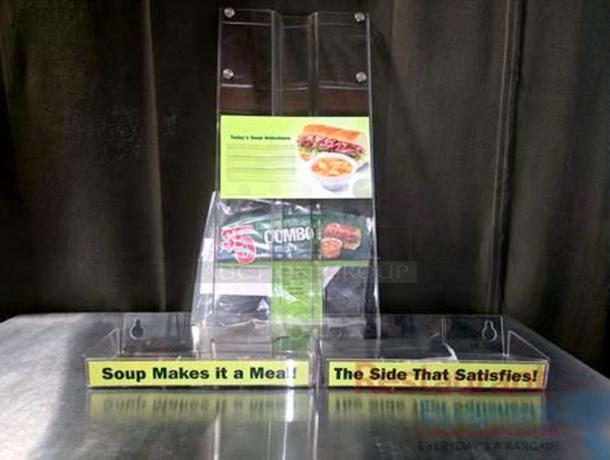 Like-new acrylic dual-slot soup combo promo holder, unbranded commercial grade, fully cleaned, with "Soup Makes it a Meal!" label.