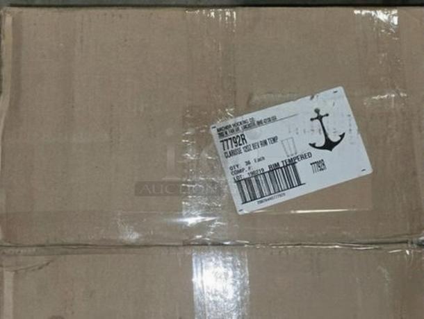 Two boxes of Anchor Hocking 77792R Clarisse beverage glasses, 12 oz, 36 pcs each, like-new, label shows model and capacity.
