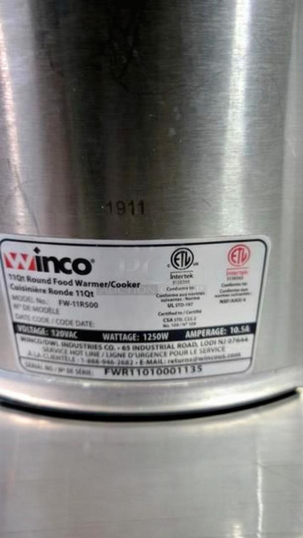 Winco FW-11R500 11 Qt Round Food Warmer/Cooker, 120V, 1250W, superb condition. Label shows model, serial, and certifications.