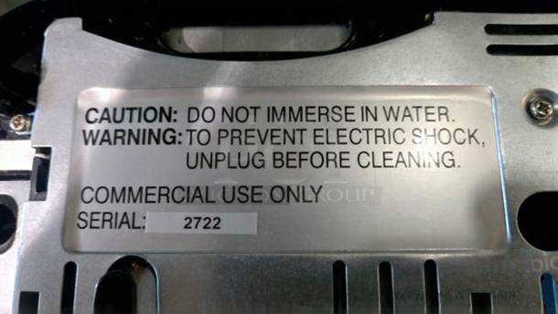 Immaculate Waring WCT708 commercial toaster label showing safety instructions and serial number 2722.