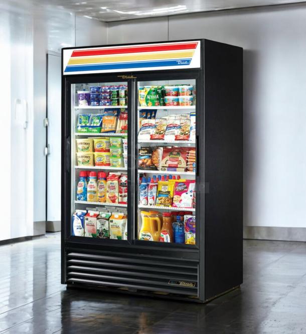 True GDM-45 merchandiser refrigerator, two glass doors, superb condition, vivid logo, fully stocked, 115V, True Manufacturing.