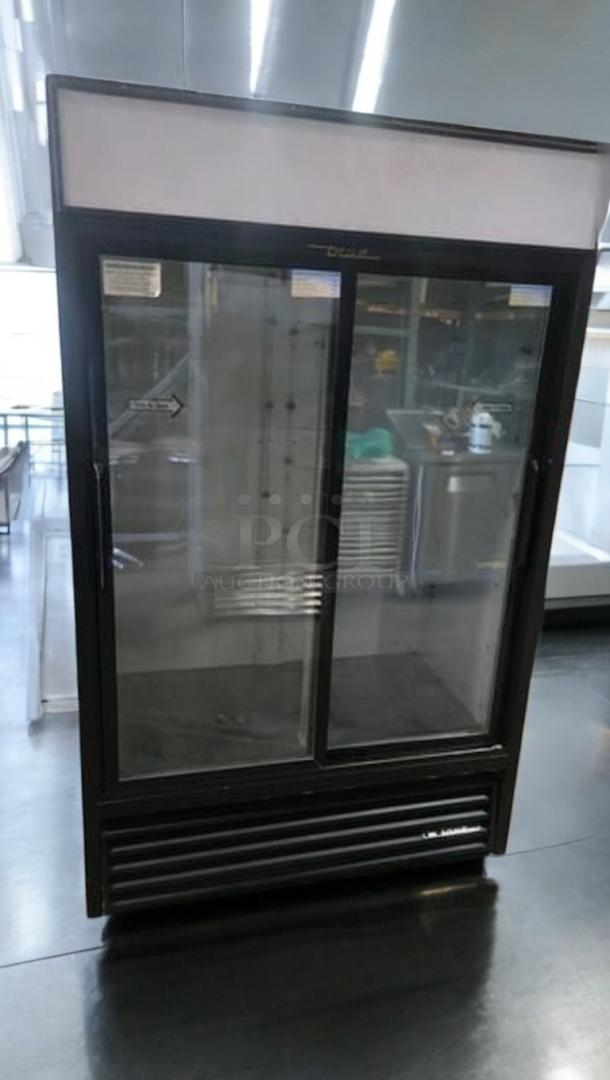 True GDM-45 two-door glass merchandiser refrigerator, superb condition, 115V, fully tested, True Manufacturing Co. logo.
