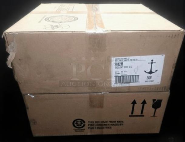 Case of 36 Anchor Hocking 2942M Excellency 12 oz. Pilsner Glasses, new in box, mint condition, visible shipping label.